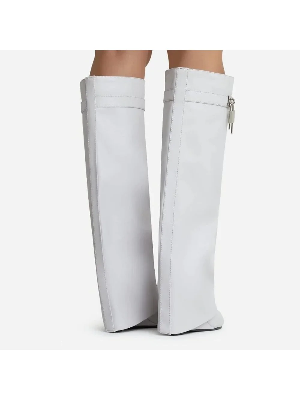 Women's White Fold Over Wide Calf Wedge Heel Knee High With Decorative Lock Boot